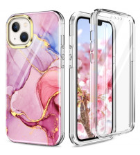 Husa iPhone 14 Plus Full Cover 360 (fata+spate), Pink Marble