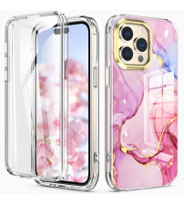 Husa iPhone 14 Pro Full Cover 360 (fata+spate), Pink Marble