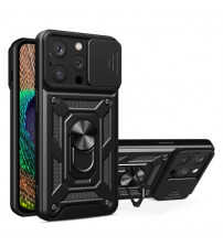 Husa iPhone 15 Pro Antisoc, Protectie camera, Inel, Black