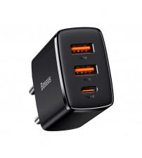 Incarcator Baseus Compact, 2 x USB, 1 x USB Type-C, QC 3.0, Negru