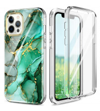 Husa iPhone 12 / 12 Pro Full Cover 360 (fata+spate), Green Marble