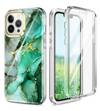 Husa iPhone 13 Pro Full Cover 360 (fata+spate), Green Marble