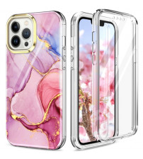 Husa iPhone 13 Pro Full Cover 360 (fata+spate), Pink Marble